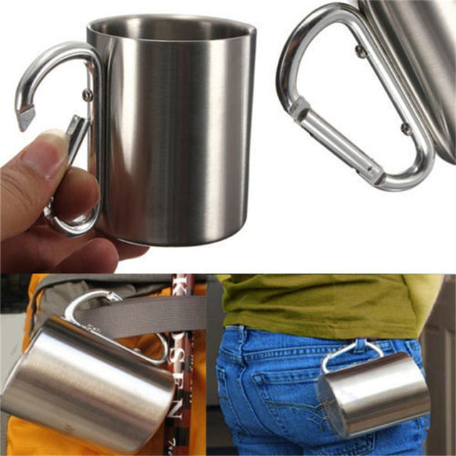 Cup Carabiner Hook Handle Portable Stainless Steel  Double Wall 220ml - Badger Survival Online