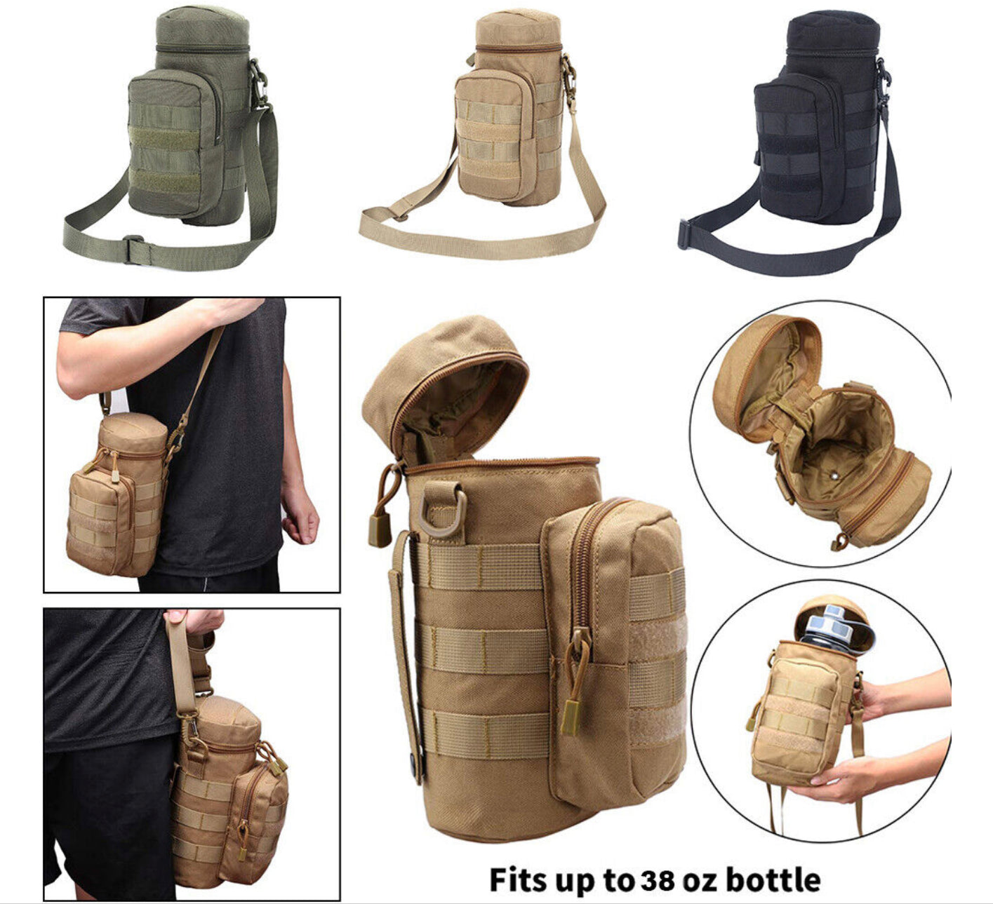 Tactical Military Molle Kettle Pouch Water Bottle Holder Bag with Shoulder Strap - Badger Survival 