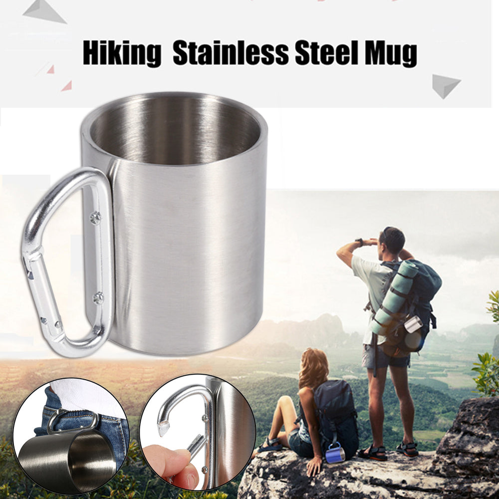 Cup Carabiner Hook Handle Portable Stainless Steel  Double Wall 220ml - Badger Survival Online